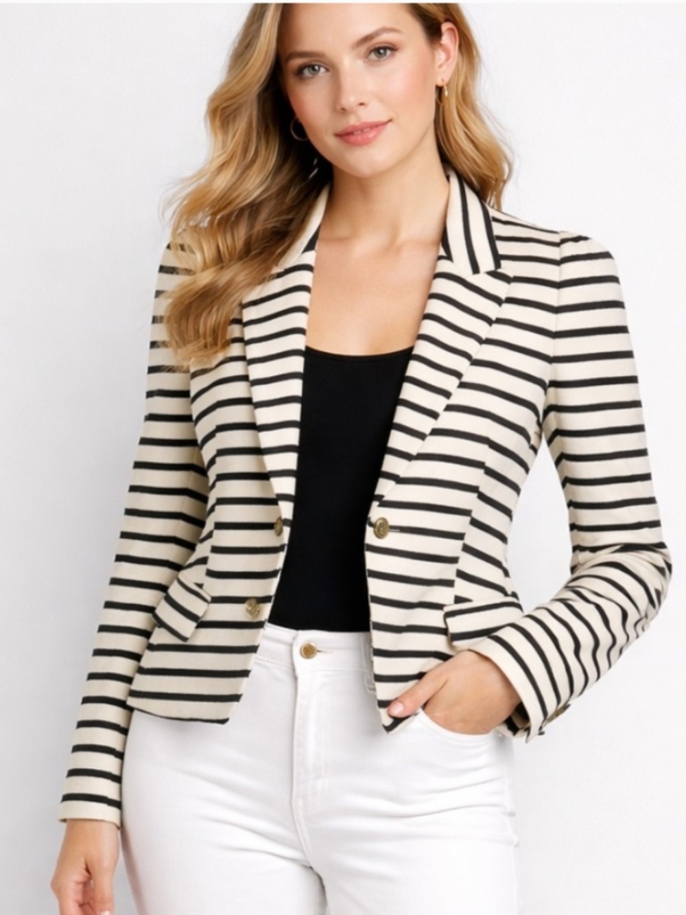 NEW! Zara Basic Fitted White and Black Stripe One Button Blazer, Jacket Size XS